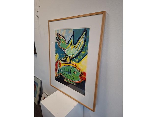 Zeefdruk, maya wildevuur (1944-2023), vogel en vis, 1994 - afbeelding 3 van  9