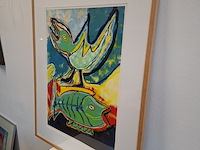 Zeefdruk, maya wildevuur (1944-2023), vogel en vis, 1994 - afbeelding 3 van  9