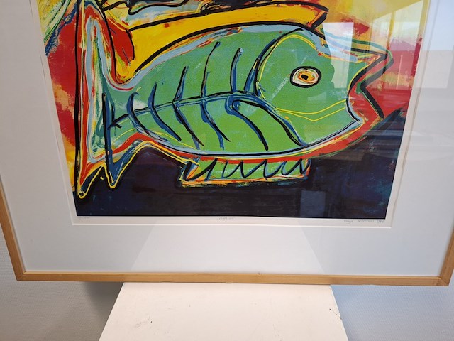 Zeefdruk, maya wildevuur (1944-2023), vogel en vis, 1994 - afbeelding 5 van  9