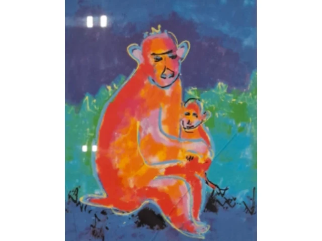 Zeefdruk, maya wildevuur, aap met jong, 1994, 64/125 - afbeelding 1 van  11
