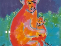 Zeefdruk, maya wildevuur, aap met jong, 1994, 64/125