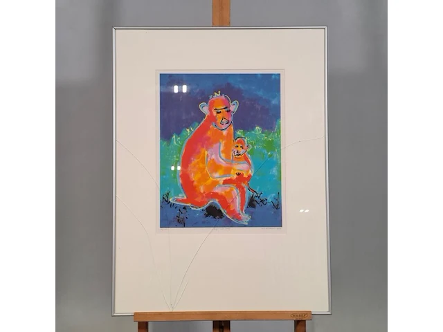 Zeefdruk, maya wildevuur, aap met jong, 1994, 64/125 - afbeelding 4 van  11
