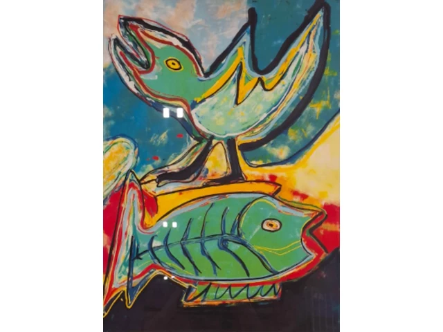 Zeefdruk, maya wildevuur, vogel met vis, 1994, 114/200 - afbeelding 1 van  8