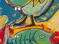Zeefdruk, maya wildevuur, vogel met vis, 1994, 114/200