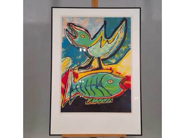 Zeefdruk, maya wildevuur, vogel met vis, 1994, 114/200 - afbeelding 2 van  8