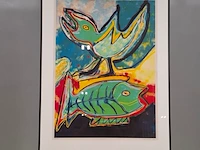 Zeefdruk, maya wildevuur, vogel met vis, 1994, 114/200 - afbeelding 2 van  8