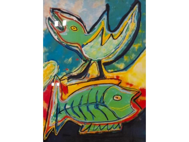 Zeefdruk, maya wildevuur, vogel / vis, 1993 - afbeelding 1 van  9