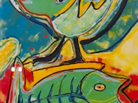Zeefdruk, maya wildevuur, vogel / vis, 1993