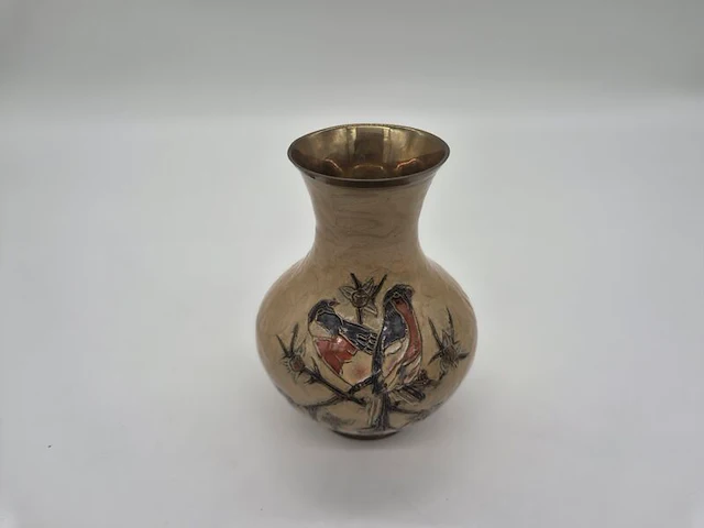 Zeer bijzondere vintage oosterse siervaas – unieke vogel- en bloemdecoratie – vermoedelijk messing – 20e eeuw - afbeelding 2 van  10