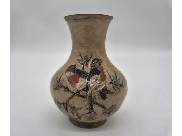Zeer bijzondere vintage oosterse siervaas – unieke vogel- en bloemdecoratie – vermoedelijk messing – 20e eeuw - afbeelding 1 van  10