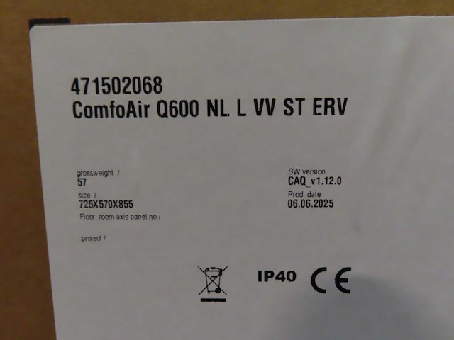 Zehnder - comfoair q600 nl l vv st erv - warmteterugwinunit - afbeelding 3 van  3