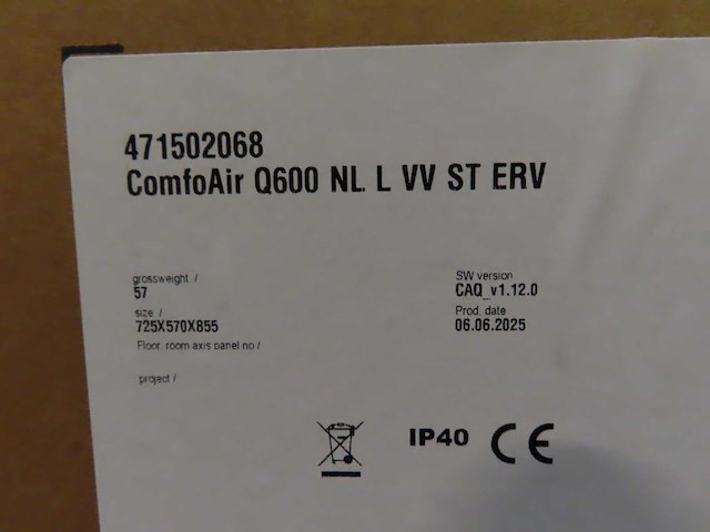 Zehnder - comfoair q600 nl l vv st erv - warmteterugwinunit - afbeelding 3 van  3