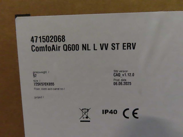 Zehnder - comfoair q600 nl l vv st erv - warmteterugwinunit - afbeelding 3 van  3