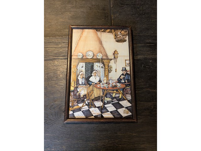 Zespas tegeltableau met polychrome voorstelling van groninger binnenhuis, rond 1900 - afbeelding 1 van  11