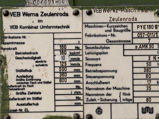 Zeulenroda wmw - pye160 ss - hydraulic press - 1980 - afbeelding 1 van  2
